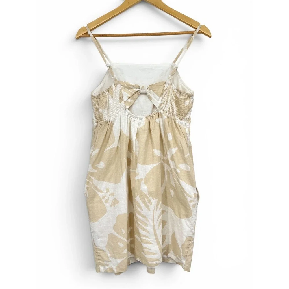 Gap Kids XXL Linen Blend Tropical Hibiscus Knot Back Shift Dress Khaki White - Picture 2 of 8